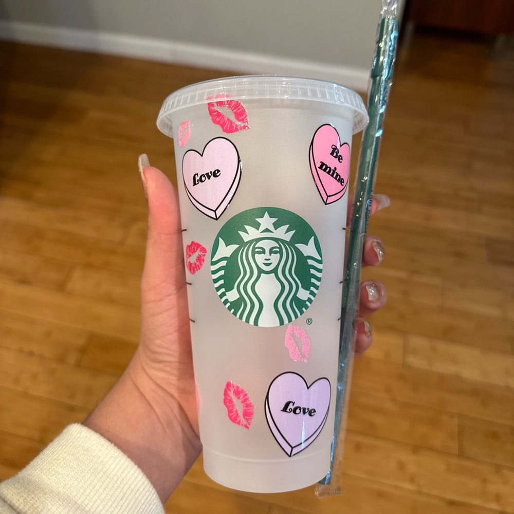 Original Starbucks plastic cup with a Valentine’s Day cute design